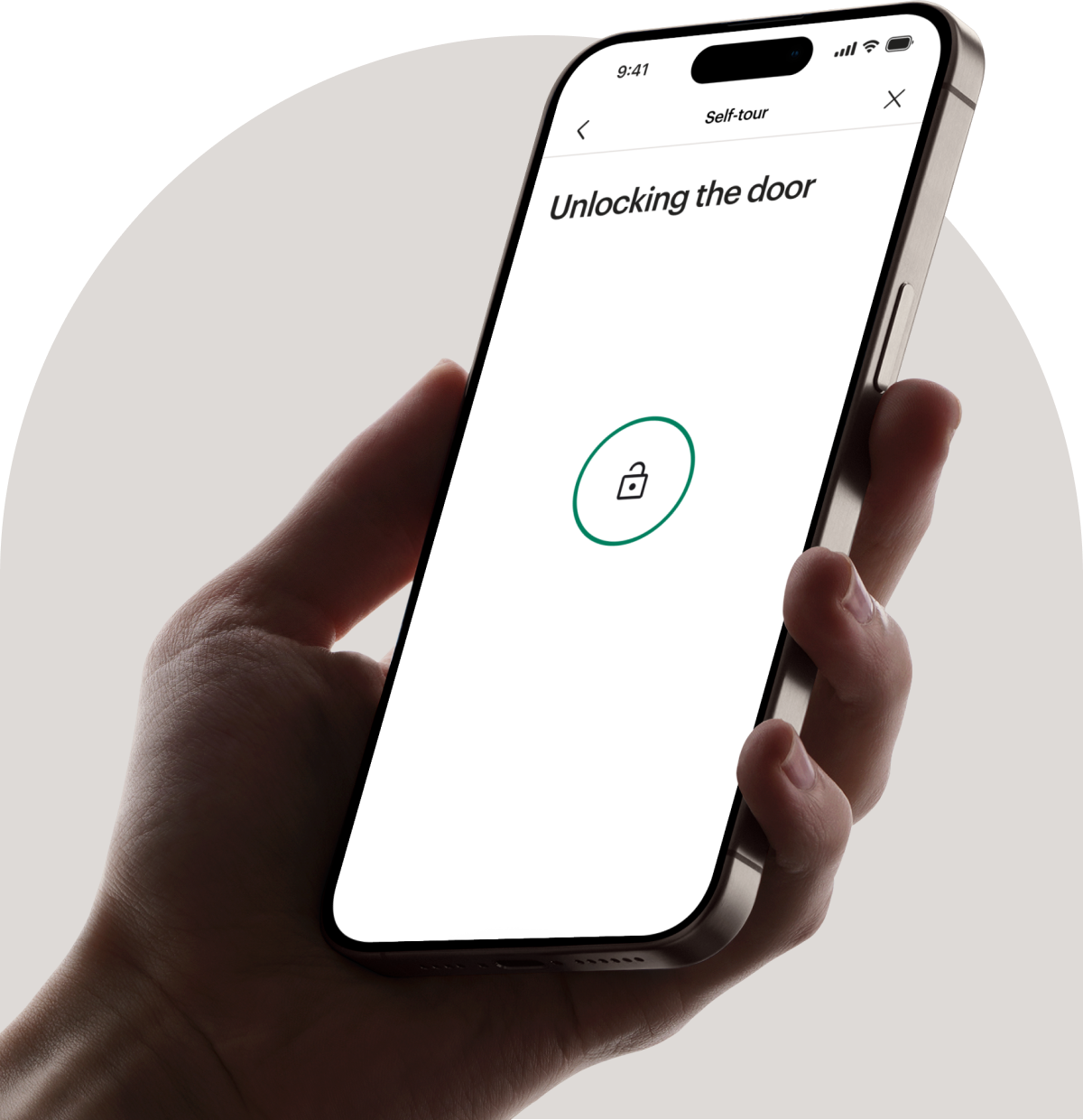 A hand holding a phone with the Opendoor app unlocking a home for a self-tour
