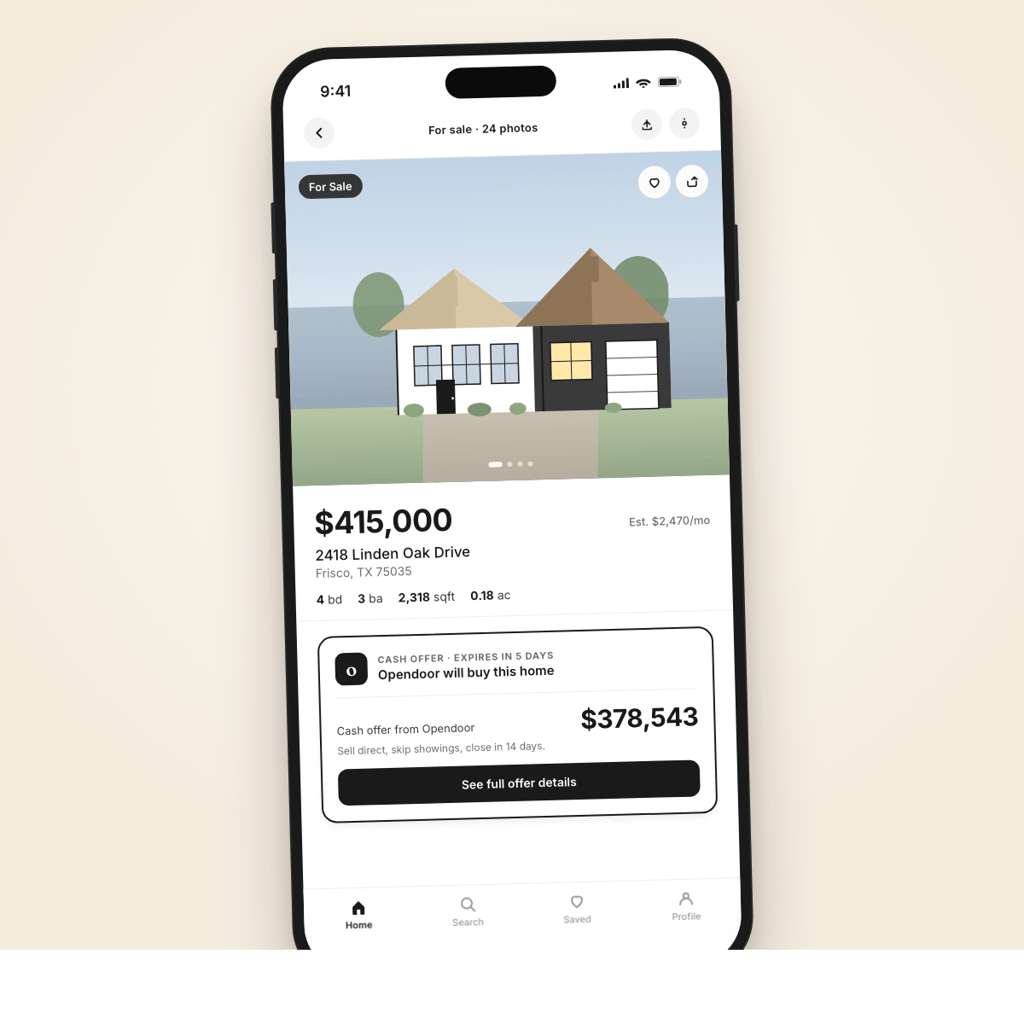 Mockup illustration: a generic real estate listing in a phone app with an Opendoor cash offer card showing $378,543. Used as the §3 SDK CTA Feature5050 image. Replace with real asset before publish.