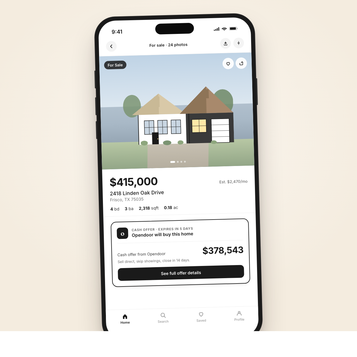 Mockup illustration: a generic real estate listing in a phone app with an Opendoor cash offer card showing $378,543. Used as the §3 SDK CTA Feature5050 image. Replace with real asset before publish.