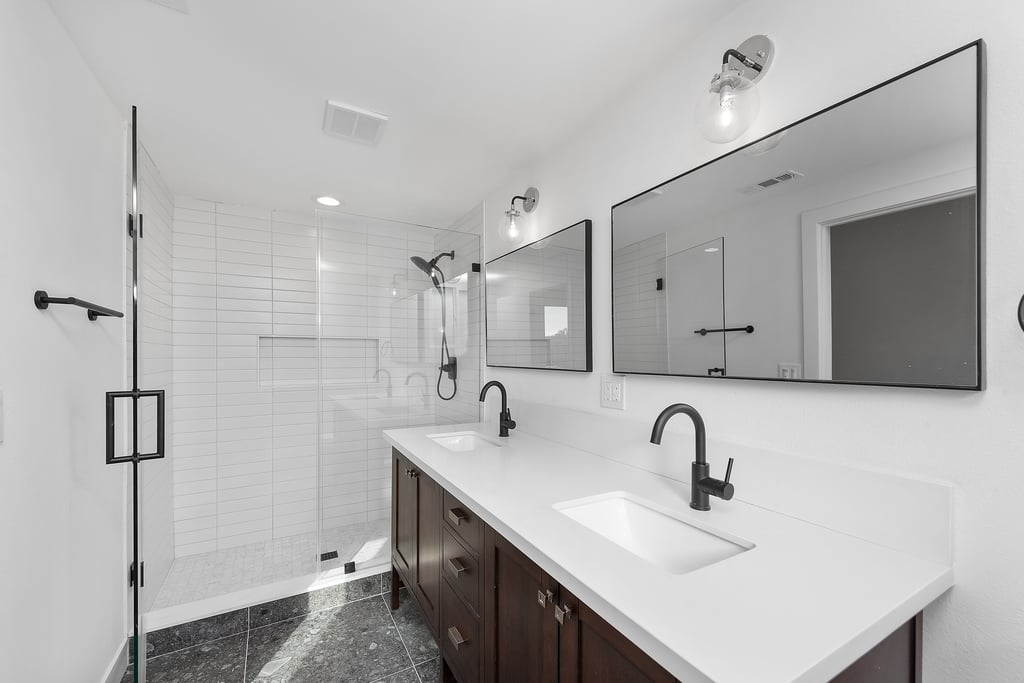 Bright bathroom with modern fixtures and a freestanding tub