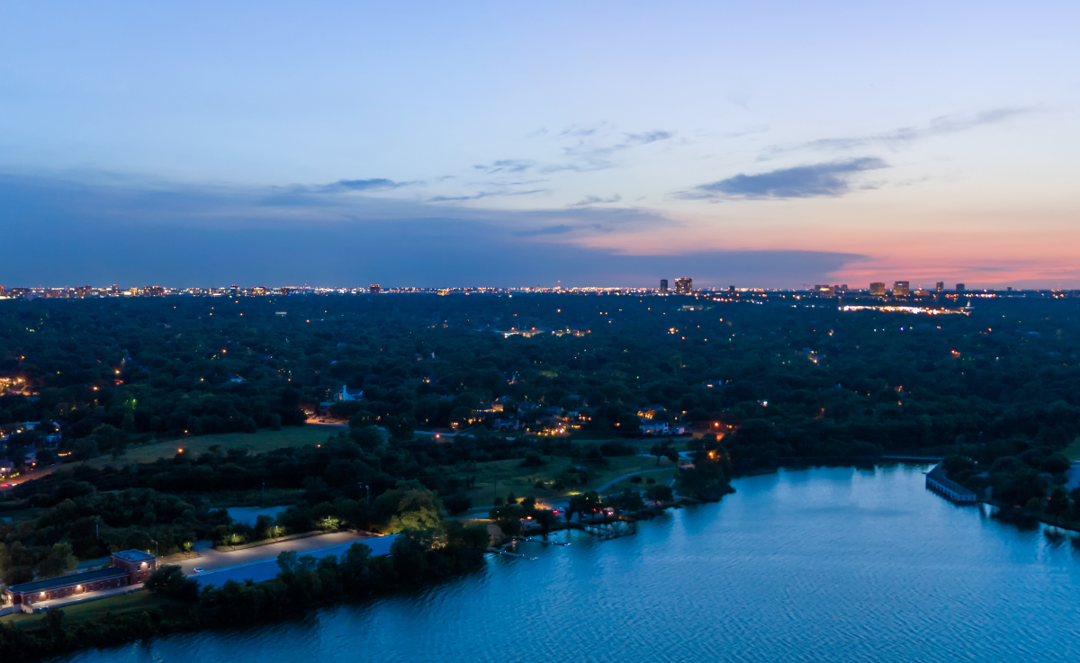 Aerial cityscape image of Dallas-Fort Worth Texas at sunset