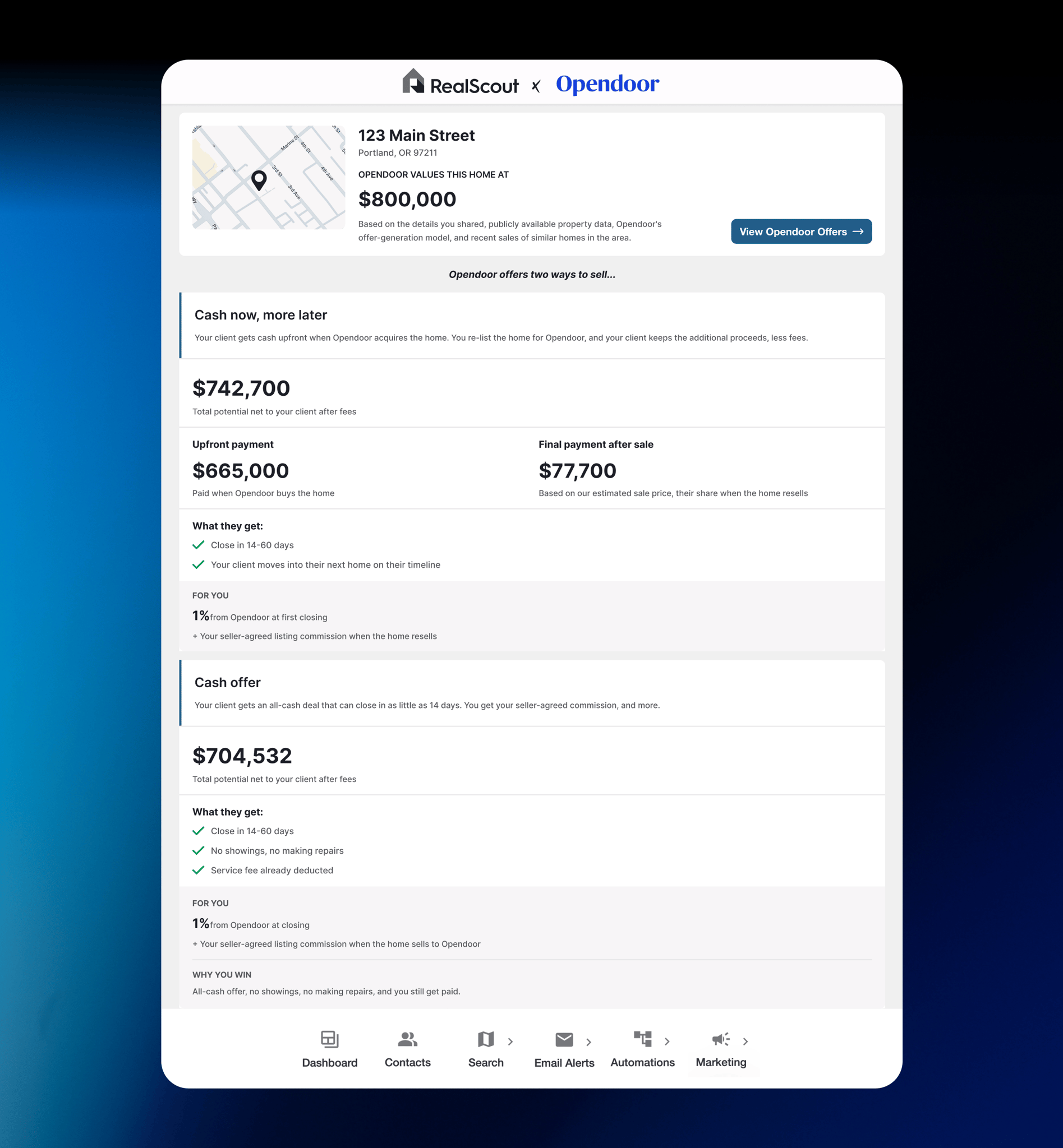 RealScout Opendoor offer review interface.