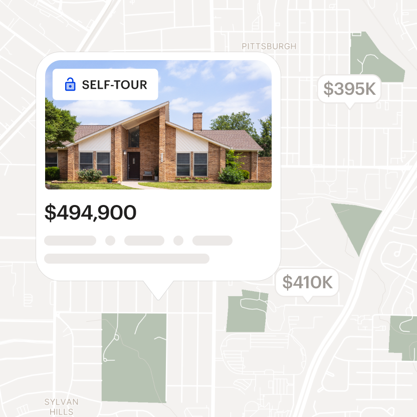 UI illustration of a listing card with a self-tour badge