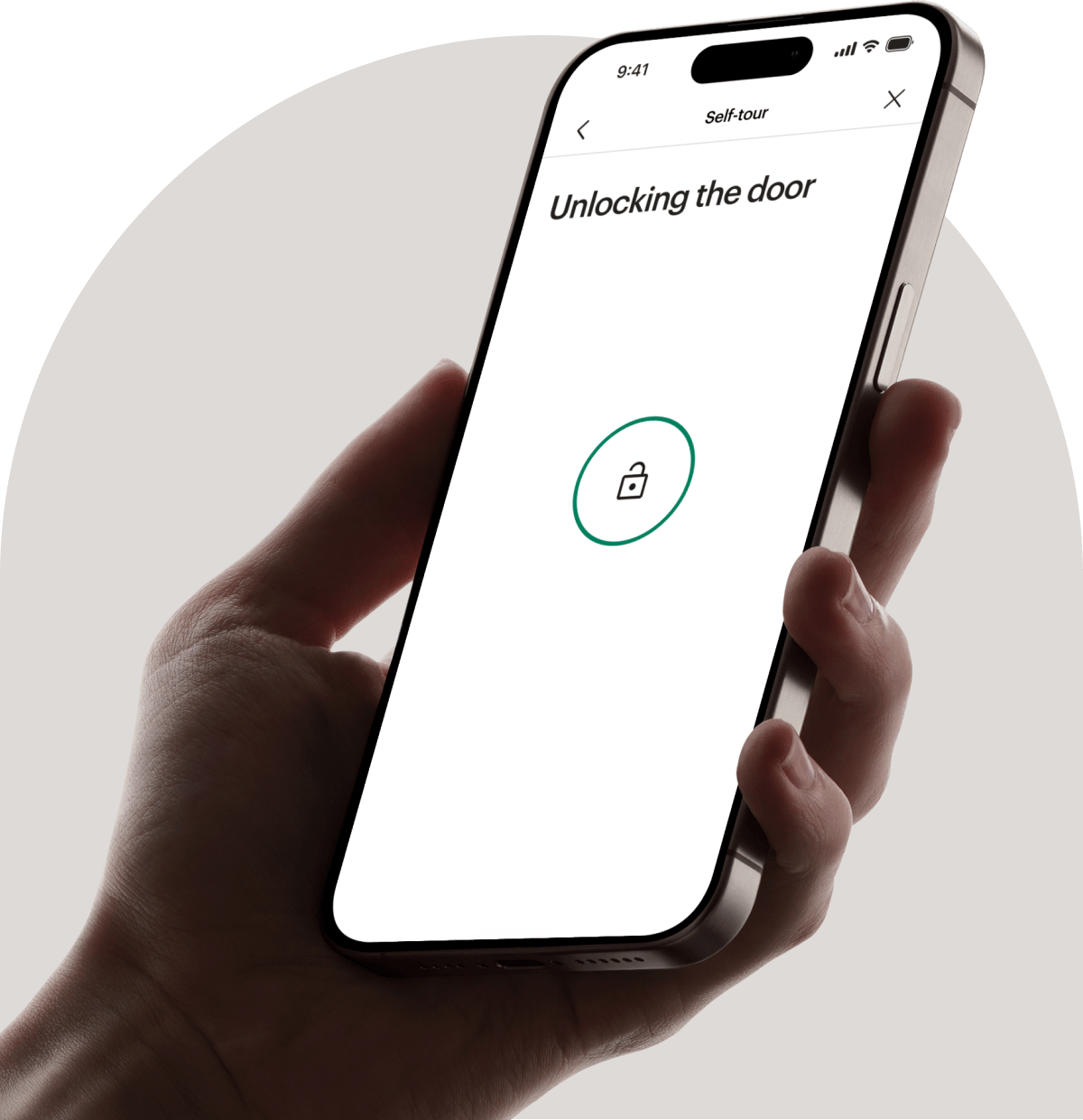 A hand holding a phone with the Opendoor app unlocking a home for a self-tour