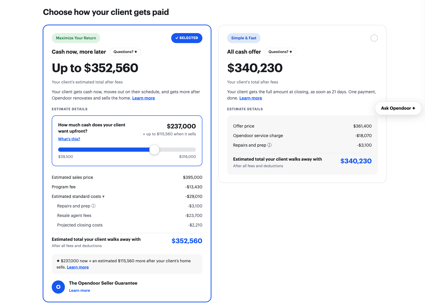 The two payment options side by side: Cash Now, More Later and the all-cash offer