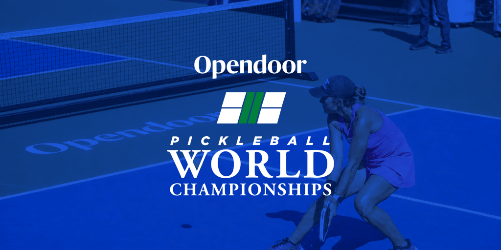 Opendoor Pickleball World Championships title lockup over a blue-tinted action shot of a player on court