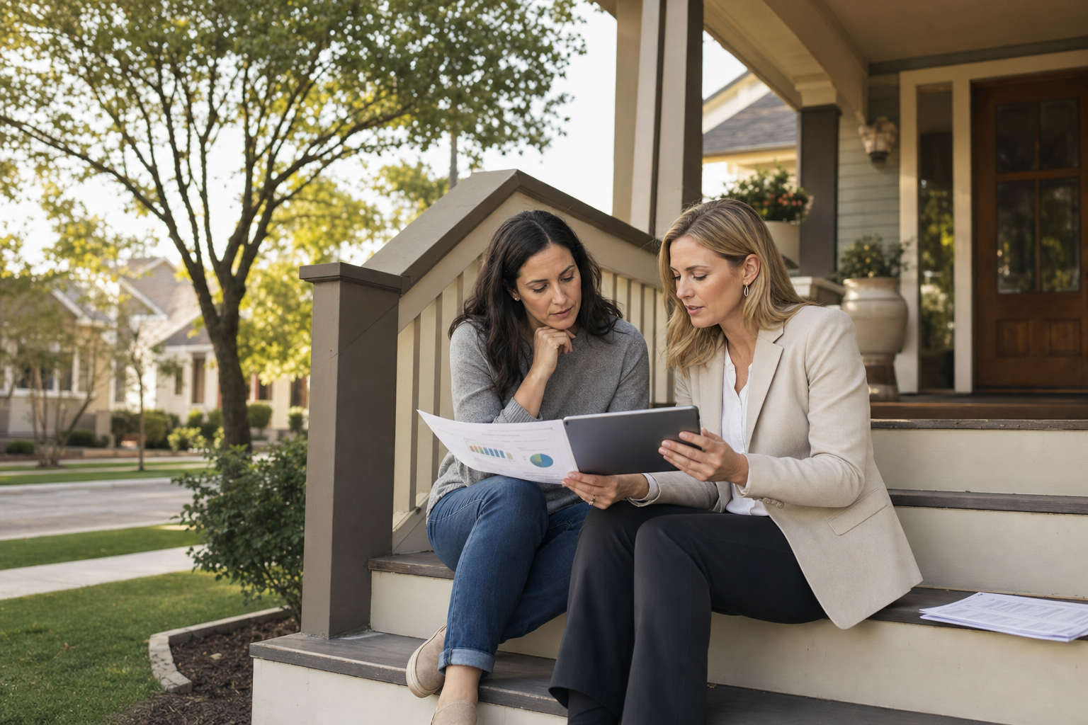 A homeowner and a real estate agent reviewing an appraisal packet on a front porch.