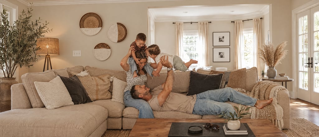 Family playing together on the couch in their living room