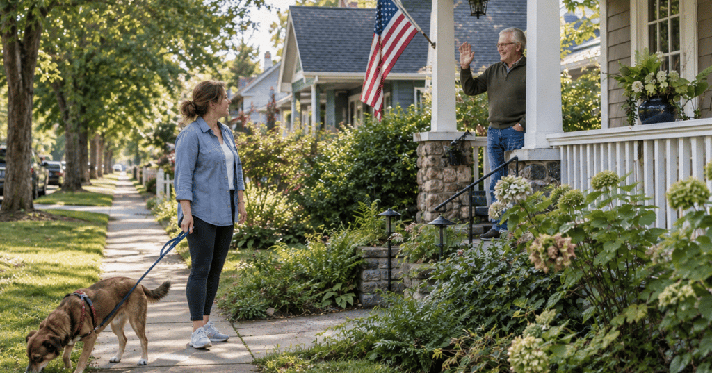 A woman walking a dog on the sidewalk while a man waves from his porch.