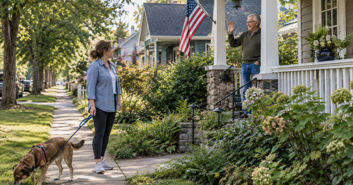 A woman walking a dog on the sidewalk while a man waves from his porch.