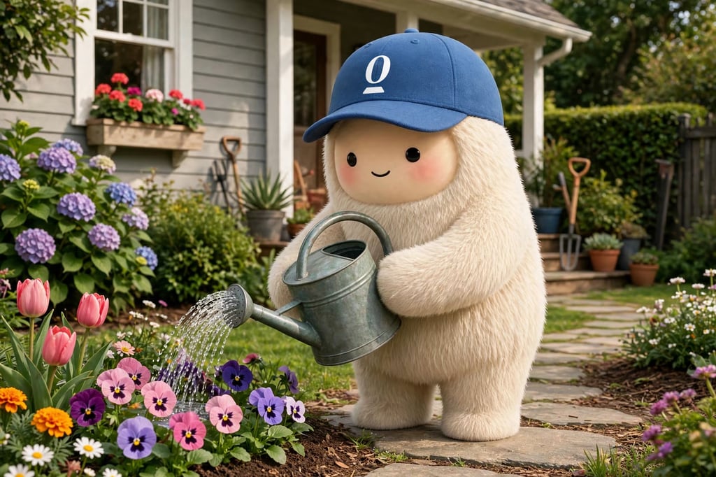 Opendoor yeti watering colorful flowers outside a home while wearing a blue Opendoor cap.
