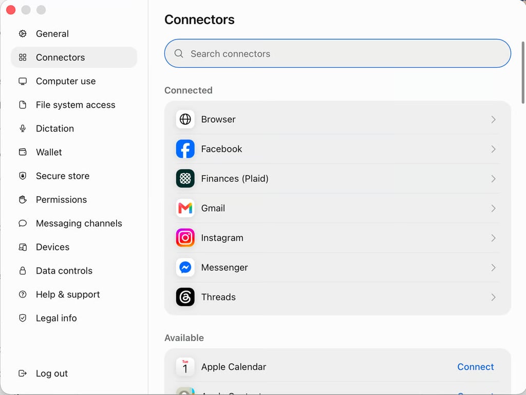 Muse Settings with Connectors selected, a connector search field, and lists of connected and available tools.